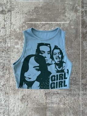 Graphic 'GIRL GIRL' Ribbed Crop Tank - Blue